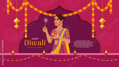 Elegant Woman with Traditional Saree Lighting Diya - Diwali Festival Greeting Vector Design