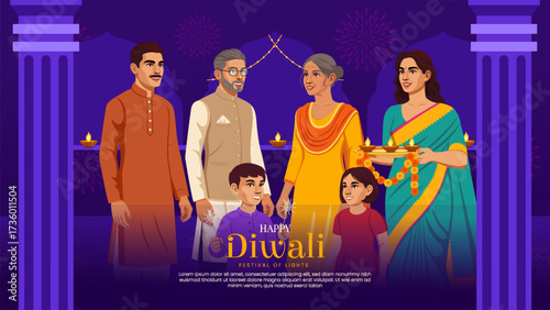 Extended Family Celebrating Diwali Together - Indian Festival of Lights Illustration