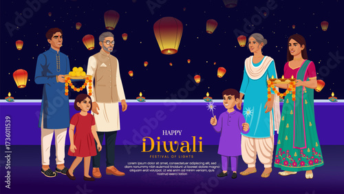 Family with Children Releasing Sky Lanterns - Happy Diwali Festival Celebration