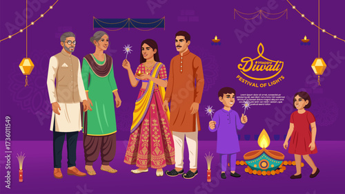 Group of Friends and Children Lighting Diyas - Diwali Celebration Night Illustration
