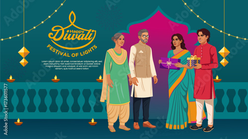 Friends Exchanging Gifts and Lighting Diyas - Traditional Diwali Festival Gathering