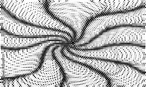Radial halftone spotted gradient background. Dotted stains concentric texture with fading effect. Black and white circle shade wallpaper. Grunge rough vector. Monochrome geometric backdrop.