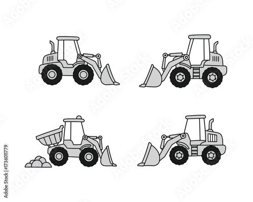 Four hand drawn outline illustrations of construction loaders and excavators in various poses on a white background