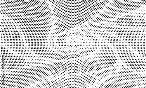 Radial halftone spotted gradient background. Dotted stains concentric texture with fading effect. Black and white circle shade wallpaper. Grunge rough vector. Monochrome geometric backdrop.