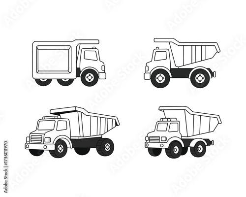 Collection of four hand drawn black and white line art illustrations of different types of trucks including a box truck and dump trucks