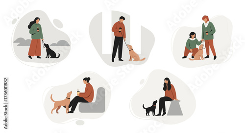 Illustrations showing people interacting with their dogs in various settings practicing positive reinforcement training techniques