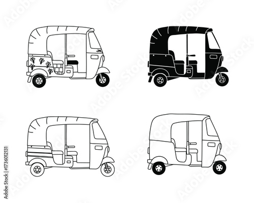 Four hand drawn illustrations of tuk tuks or auto rickshaws in black and white showing different angles and details