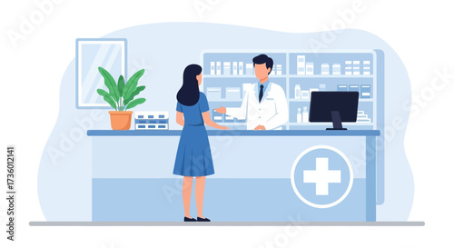 A knowledgeable male pharmacist wearing a white coat assists a female customer at the pharmacy counter with medical supplies neatly displayed on shelves behind them