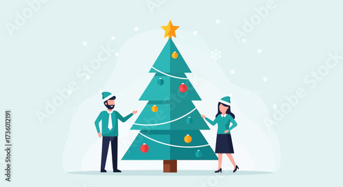 Joyful couple decorating a beautifully adorned Christmas tree with festive ornaments and a star on top during a gentle snowfall celebration