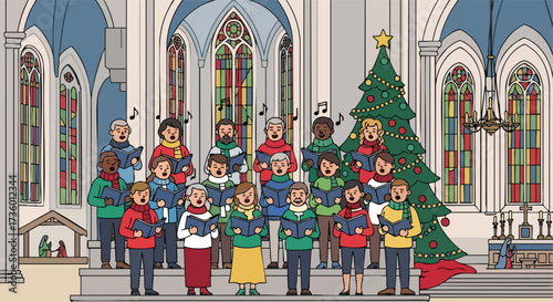 Diverse Choir Group Singing Christmas Carols Inside a Beautiful Church with Stained Glass
