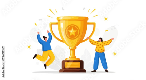 Celebration of Achievement and Success with a Giant Golden Trophy and Two Joyful People Rejoicing