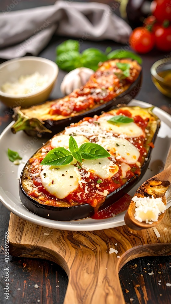 Fototapeta premium Stuffed eggplant halves with tomato sauce and mozzarella