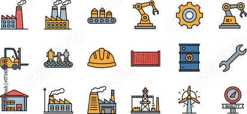 Line Art Industrial Manufacturing Element Filled Color Style Icon Collection