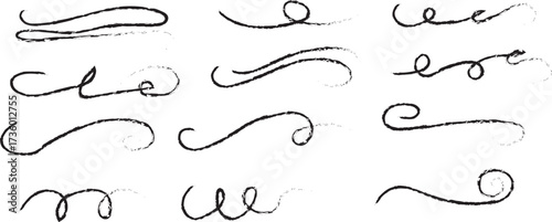 Black grunge brush stoke line set. Hand drawn crayon underline. divider collection. doodle hand drawn swashes and flourishes. Ornate swirl swashes, set of grunge black paint, ink brush strokes. brush 