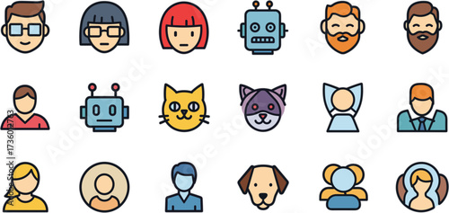 Simple Outline Various Character Avatar Profile Head Icon Set Collection