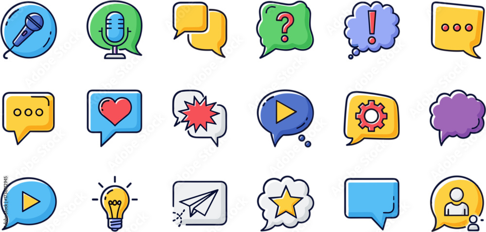 Fototapeta premium Cute Line Art Communication Speech Bubble Diverse Elements Icon Set