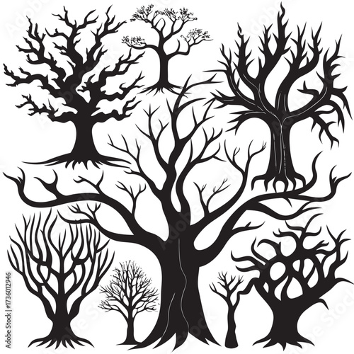 Collection of bare tree silhouettes in different sizes