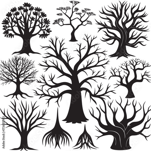 Silhouette of bare trees in different shapes