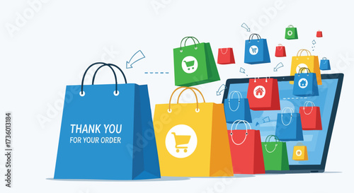 Thank You Message on Shopping Bag Confirming E-commerce Order Completion