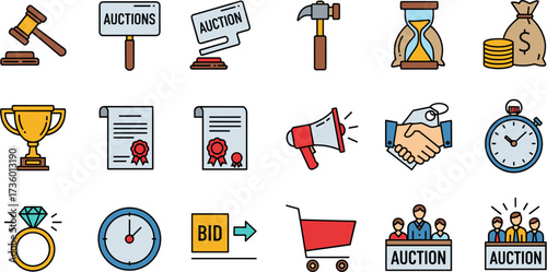 Outline Filled Auction Element Set Icon for Bidding and Online Trade