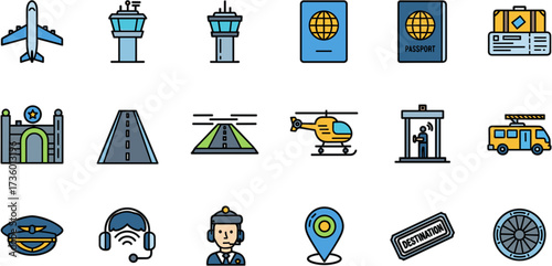 Modern Detailed Airport Element and Transportation Filled Line Icon Set