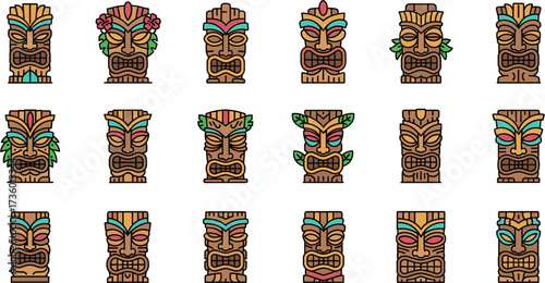Colorful Flat Line Art Style Tiki Mask Ancient Traditional Icon Set