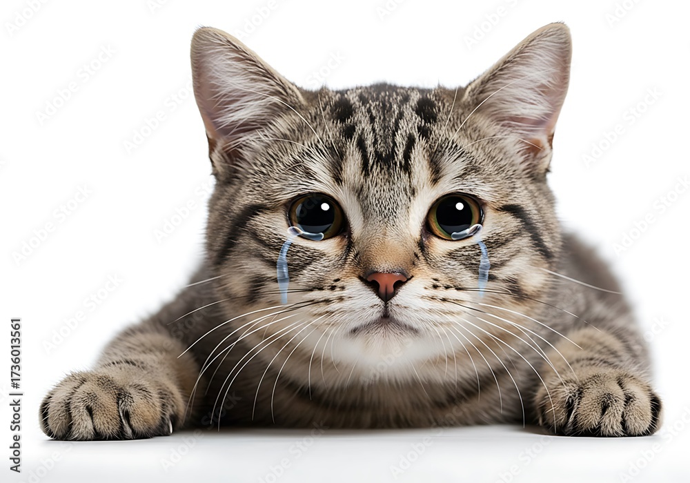 Fototapeta premium A sad tabby kitten with big, tearful eyes and digitally added tears crying on a white background.
