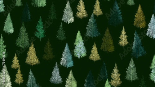 Seamless pattern of different types of trees on a dark green background. the trees are arranged in a grid-like pattern, with each tree having a unique shape and size.