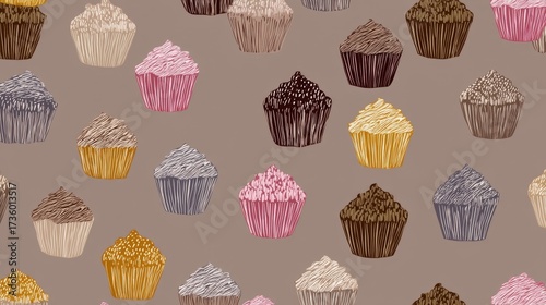 Seamless pattern of cupcakes in different colors and designs. the cupcakes are arranged in a repeating pattern on a light brown background.