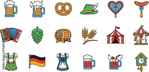 Colorful Line Art Oktoberfest Celebration Icon Set with Traditional Elements