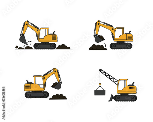Set of four flat design illustrations of yellow excavators performing different construction tasks on a white background