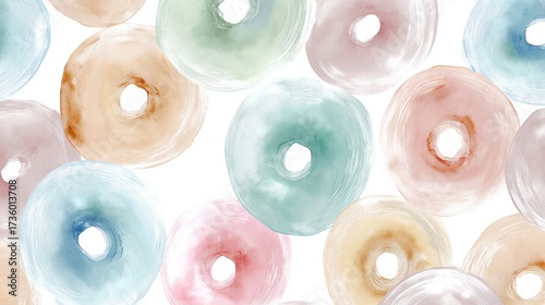 Seamless pattern of colorful donuts. the donuts are arranged in a repeating pattern, with each donut having a different color - blue, pink, green, and light blue.