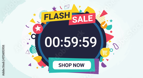 Flash Sale Countdown Timer Banner with Abstract Geometric Elements and Shop Now Button