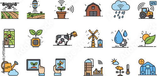 Modern Line Art Smart Farming And Agriculture Technology Icon Set Design