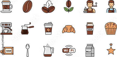 Flat Design Coffee Shop Element and Related Item Icon Set