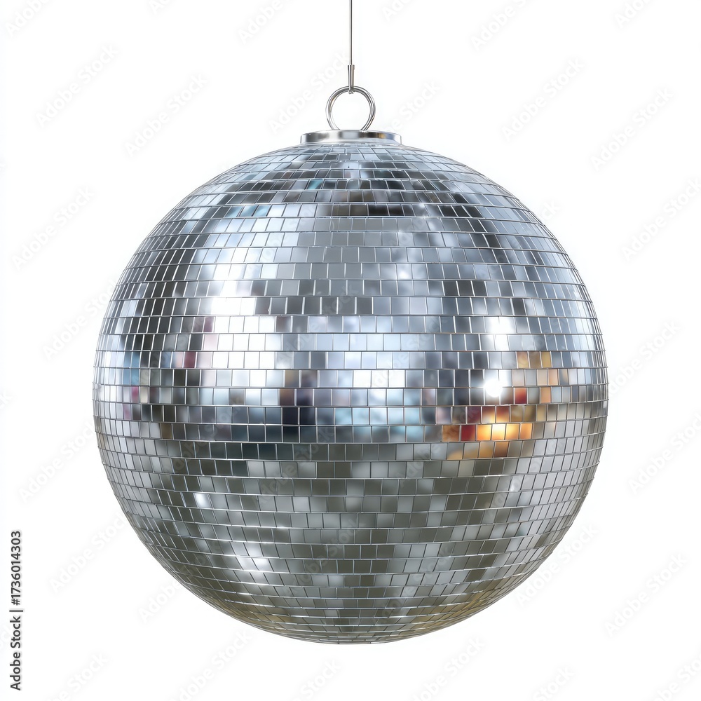 Fototapeta premium Silver disco ball hanging with a thin wire mirror ball