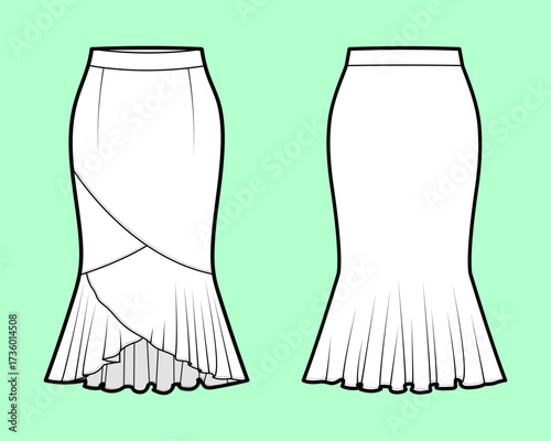 Overlap Panel Pencil Skirt with Asymmetrical Ruffled Flounce Hem Technical Flat Sketch