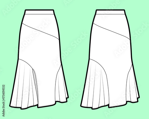 Paneled Skirt with Asymmetrical Yoke and Fluted Hem Godet Inserts Technical Flat