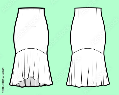 Fitted Midi Skirt with Shaped Yoke and Hi-Low Hem Flounce Technical Flat Sketch