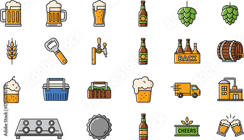 Outline Simple Beer Element Icon with Barrel Bottle and Wheat Illustration