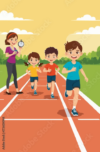 Children s race on a track with a coach timing