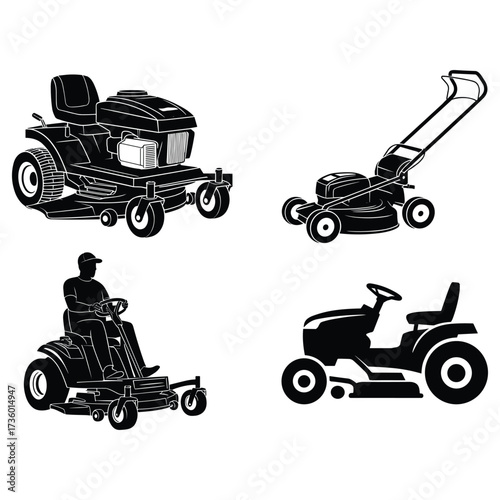 Collection of four black silhouette illustrations of lawnmowers and a rider garden grass