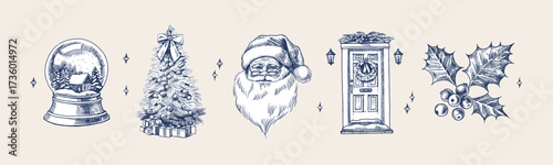 Christmas hand drawn holiday set. Elegant vintage design. Vector sketch illustration.