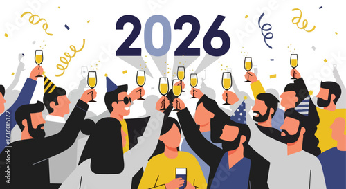 Crowd of People Toasting Champagne to Celebrate New Year 2026