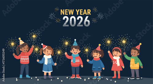 Diverse Group of Joyful Children Celebrating New Year 2026 with Sparklers and Party Hats Against a Night Sky with Fireworks