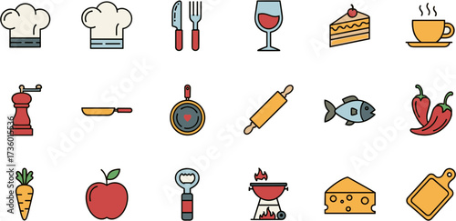 Outline Filled Cooking and Food Icon Set with Chef Hat Collection