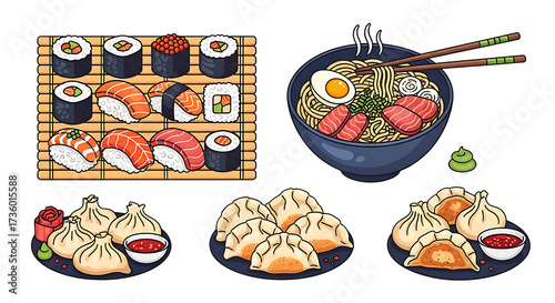 Sushi Ramen and Dumplings Asian Food Illustration on transparent background