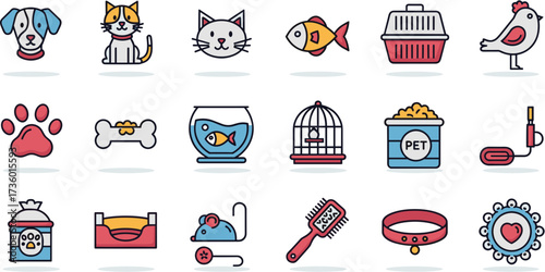 Colorful Outline Pet Animal Object Icon Set for Web Decoration