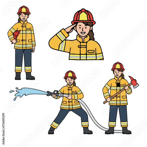 Woman Firefighter in Action Diverse Poses and Equipment