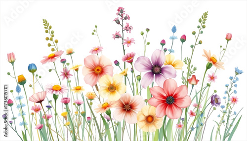 Colorful Wildflowers Blooming on Transparent Background with Bright Vibrant Petals and Green Stems